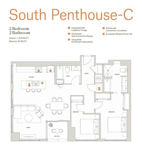 Floor plan for 2 beds, 2 baths, 1210 sqft